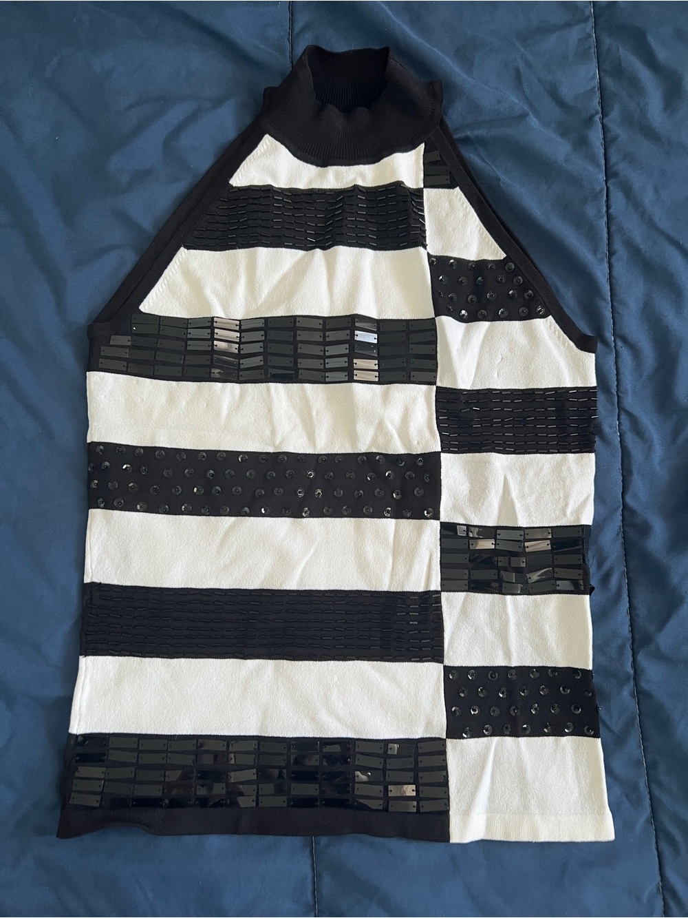 Cache Black and White Striped Halter with Embellishments